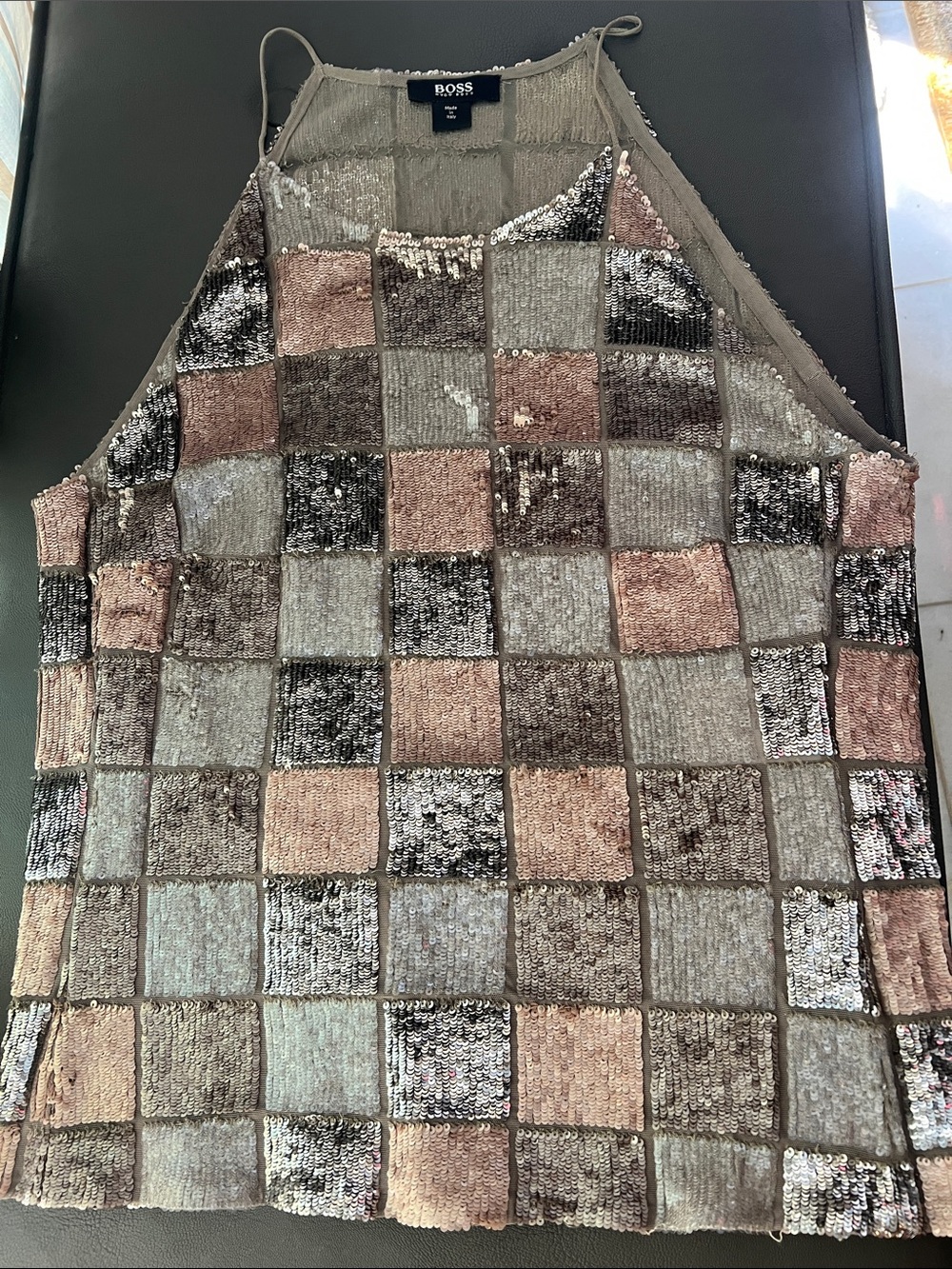 BOSS Sequined Patchwork Halter Top in Metallic Brown and Taupe